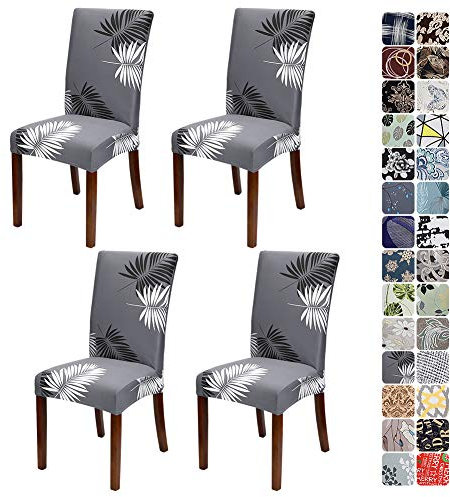 JOTOM Stretch Modern Chair Covers Dining Chair Protector Removable Soft Spandex Dining Chair Slipcovers for Hotel Party Wedding Dining Room Kitchen (Grey White Leaf, Pack of 4)
