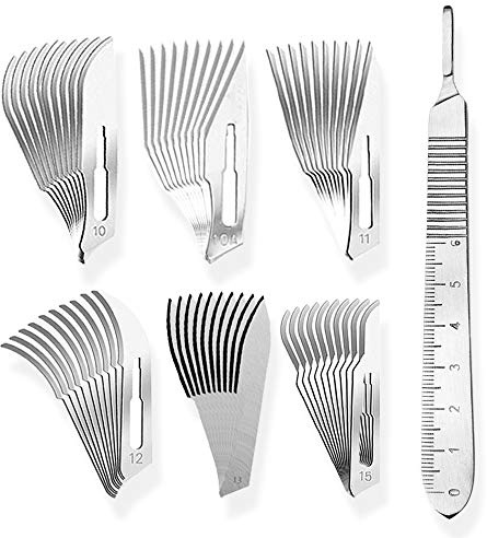 May - Set bestehend aus Mix von je 10 Stück Skalpellklingen Figur 3 in 6 verschiedenen Ausführungen + 1 x May - Skalpell-Halter 13 cm lang mit Meßskala aus Edelstahl