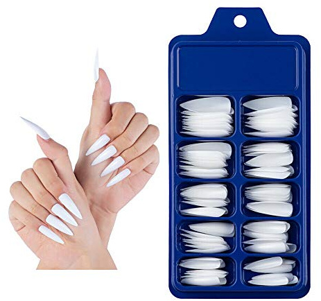 Lot de 100 faux ongles naturels - 10 tailles - Mat - Couverture intégrale - Pour ongles longs et pointus - Pour manucure - Blanc