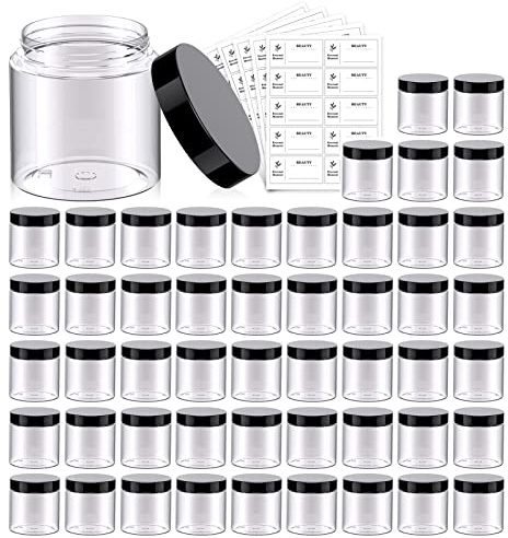 50 Pack 4 OZ Plastic Jars Round Clear Cosmetic Container with Black Lids, Eternal Moment Slime Jars for Lotion, Cream, Ointments, Makeup, Eye shadow, Rhinestone, Samples, Pot, Travel Storage