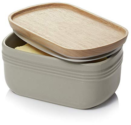 CJCSM Mantequera, Mantequera con Tapa Hermética De Madera, Mantequillera De Porcelana Extra Grande (Gray)