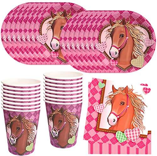 HGSHUO Pferd Partygeschirr Kindergeburtstag Deko Geburtstag Party Geschirr Pferde Pappteller Becher Servietten Tiere Tischdeko Set Western Cowgirl Geburtstagsfeier 16 Persone