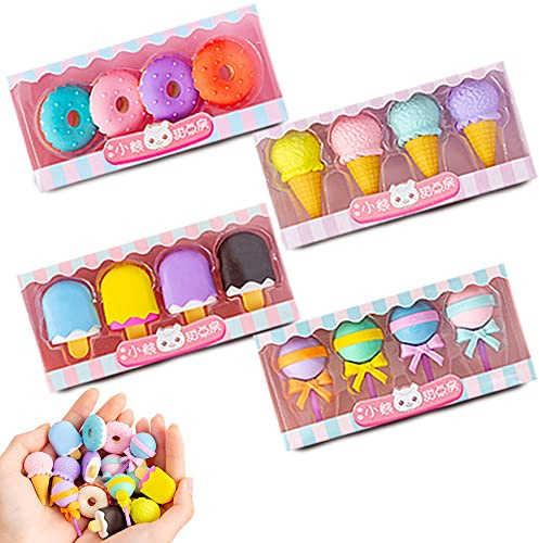 Kaizuca 4 Stile 16 Stück Mini Radiergummi Set, Neuheit Kreatives Bunte Radiergummi, für geburtstagsgeschenke und Partygeschenke