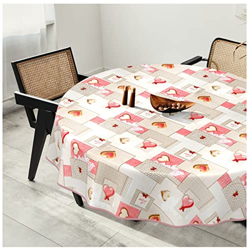 Wachstuchtischdecke Wachstuch Tischdecke abwaschbar Wachstischdecke Plastik-Tischdecken Glatt Rund 160cm mit Saum Patchwork Herz Rosa Grau