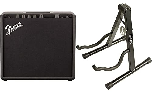Fender Mustang LT25 Gitarren-Kombination, 25w & Rockjam Universal Tragbarer A-Frame-Gitarrenständer für Akustikgitarre, E-Gitarre & Bassgitarre