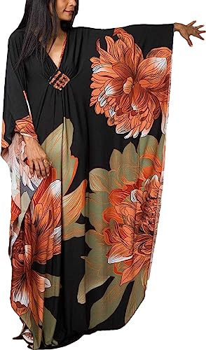 Kaftans Women Plus Size Caftan Dresses Beach Cover up Turkish Caftan Silk Wrinkle Ethnic Print Kaftans Green Floral Print Oversized Caftans Lounge Wear Summer Casual Dress(8693-34)