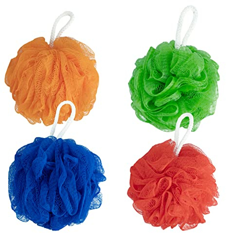 SUPERLY - Shower Puff, Bath Puff, Sponge Loofah,Shower Sponge Extra Large 80g, 4 Pack Scrunchie Body Scrubber Exfoliating Soft Mesh Sponge (Orange, Red, Blue, Dark Green)
