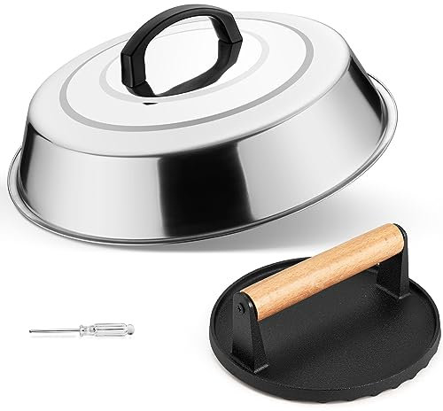 Leonyo Melting Dome & Cast Iron Grill Press, 12 Basting Cover with Round Bacon Press, Burger Smasher for Griddle, Food Steamer Lid Smash Burger Kit for Flat Top Grill Cooking Cheese, Meat