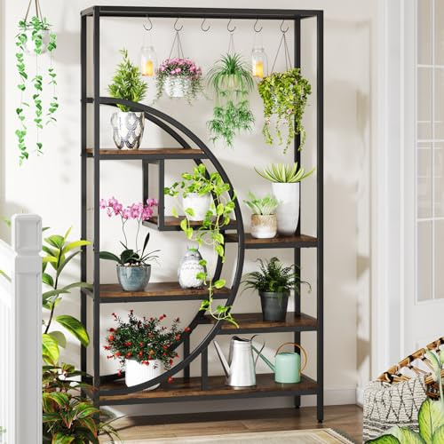Tribesigns 7 Ebenen Blumenständer, 180cm halbmondförmiges Pflanzenregal mit 6 S-Haken, industrielles Pflanzenständer Präsentationsregal für Indoor Balkon Boden Blumentreppe Wohzimmer (Braun) (1PC)