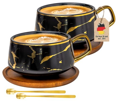INTIRILIFE tazas juego de 2 - tazas de cerámica en diseño de mármol negro con oro - 200 ml a 300 ml - tazas de café con posavasos de madera - tazas de té idea de regalo para el café té cacao leche