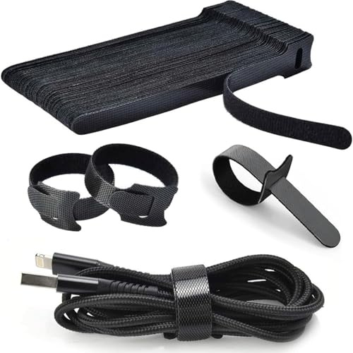 Kabelbinder Klett,Schwarz Wiederverwendbare Klettkabelbinder, Klettkabel Klettband mit Schnalle für Schreibtischorganisation und Kabel, 120 Stück