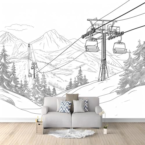 Fotomurale Carta da parati Disegno Di Schizzo Skilift Di Montagna 350x256 cm Fotomurali Murale 3D Poster Gigante Moderna, Carta da Parati Decora per Camera Letto, Soggiorno, Stanza dei Bambini