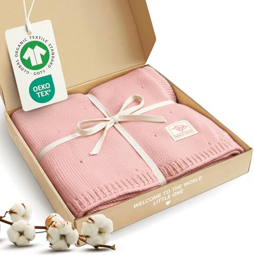Premium Babyfilt i Bomull, 100% Ekologisk – GOTS- och OEKO-TEX-certifierad stickad Mjuk Filt Baby, Filt för Nyfödd, Blanket Newborn Baby, stickad Babyfilt som andas, Rosa