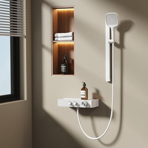 EMKE Ensemble de douche complet avec thermostat, blanc mat, avec 3 types de jet, barre de douche et tuyau, ensemble de douche avec thermostat