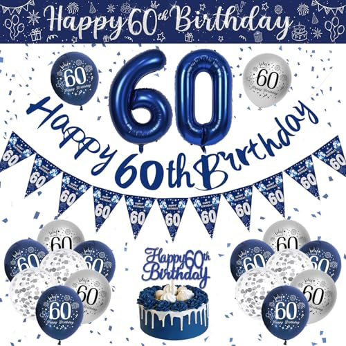 Geburtstag Deko Männer, Blau Silber Luftballons, Party Deko mit Happy Birthday Girlande und Konfetti für 60. Geburtstag