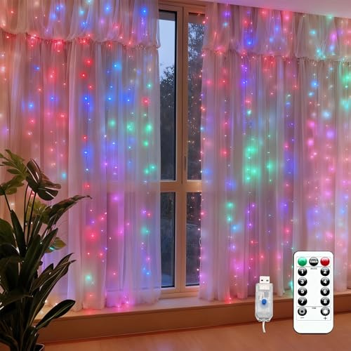 PESLNG 3x3m LED Lichtervorhang, 300 Bunt LEDs, 8 Modi, IP65 Wasserdicht, USB-gesteuert mit Fernbedienung, Lichterkette Vorhang für Innen & Außen, Hochzeit, Party, Weihnachten, Terrasse