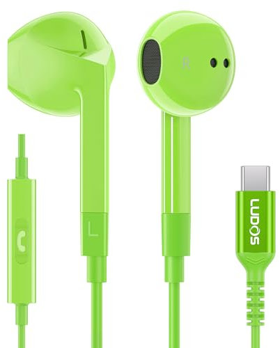 Ludos FEROX USB C Headphones, 5 Years Warranty, USB-C Earbuds for iPhone 16 15 Pro Max Plus Samsung Galaxy S24 S23 Ultra S22 S21 FE S20 Z Flip 3 Fold 4 A53 A54, USB Type C Earphones for iPad - Green