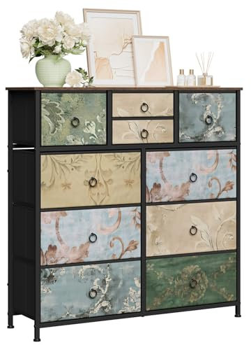 WOLTU Kommode mit 10 Schubladen aus Stoff, Sideboard Schubladenschrank, für Wohnzimmer Schlafzimmer Flur,Rustikales Braun mit Vintage-Blumenmotiv, 100 x 100 x 30 cm, SSK009pw
