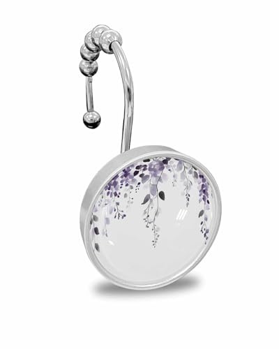 Shower Curtain Hooks Set of 12, Spring Eucalyptus Leaves Plants Watercolor Patterns Crystal Glass Showers Curtains Rings, Bathroom Decorative Rod Stainless Steel Rust Proof Roller Hangers Hook