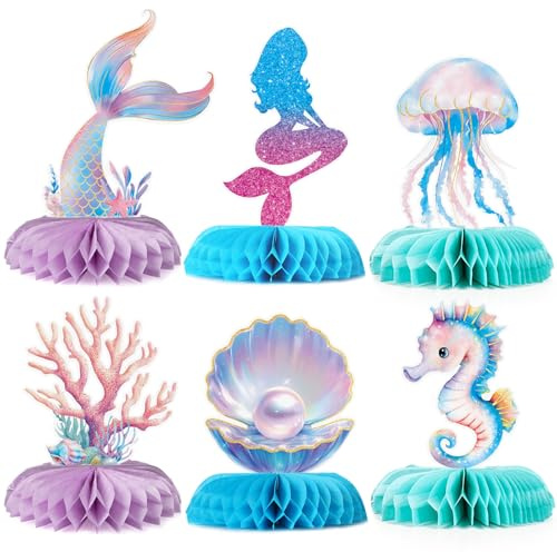 BETESSIN Meerjungfrau Geburtstag Deko - Mermaid Tischaufsteller mit Qualle, Korall, Perlmuschel Motiven - Meerjungfrauen Tischdeko für Kindergeburtstag, Unterwasserwelt & Meerjungfrau Party