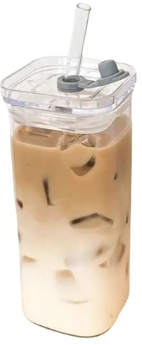 Gobelets en verre avec couvercles et pailles, 400 ml / 14 oz en verre à boire portable, tasses carrées résistantes à la chaleur avec couvercles et pailles pour le jus de café glacé