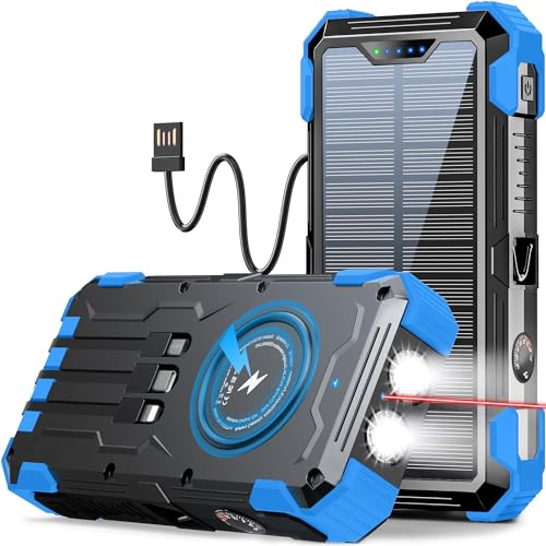Sudrov Solar Charger Power Bank, 42800mAh Wireless Portable Charger with USB-C in/Output, QC3.0 Fast Charging 15W 4 Ports Outdoor Battery Pack Built-in LED Flashlight, for iPhone, Galaxy, iPad etc