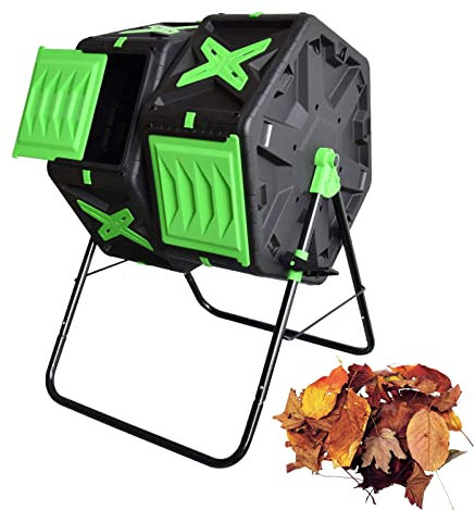 Compostiera da giardino, 140 l, girevole a 360°, bidone per compost, doppia camera con ante scorrevoli e telaio in acciaio massiccio