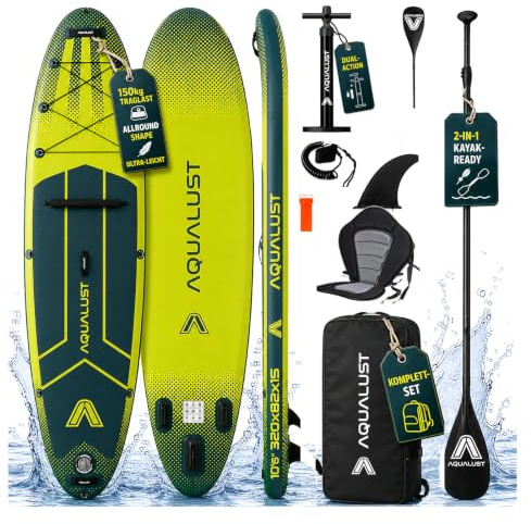 AQUALUST 10.6 - Planche de stand up paddle gonflable - 320 cm - Sup 150 kg - Vert - (kit de planche + pagaie de kayak + siège)
