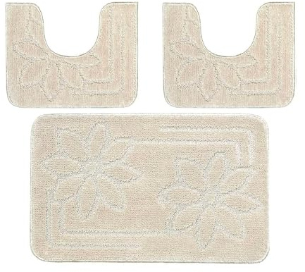 PARAMAISON Tappeti Bagno 3 Pezzi, Coordinati Design Fiori Morbido Antiscivolo Pelo Corto | Beige