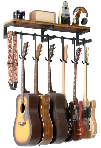 VINCOURNA Porta Chitarra da Muro, 6 Supporto Chitarra Muro, Reggi Chitarra con un Grande Scaffale, Appendi Chitarra per Chitarra Acustica, Basso, Chitarra Elettrica, Ukulele Double-Sided