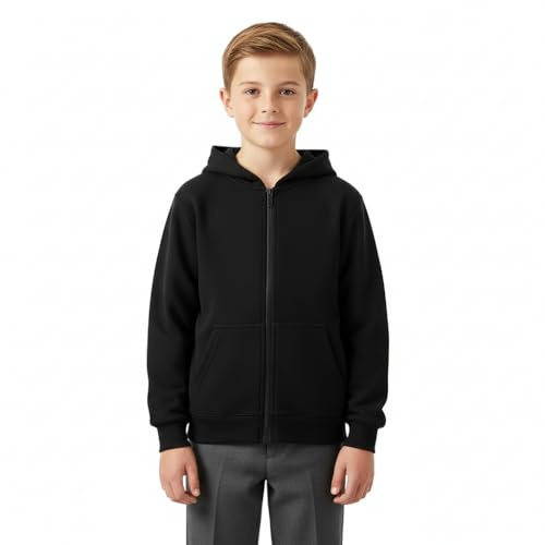 Hotfiary Kids Zip Up Hoodie Boys Girls Cotton Hooded Sweatshirt with Pockets Plain School Uniform PE Kit Jacket for Children Ages 2-12 Black