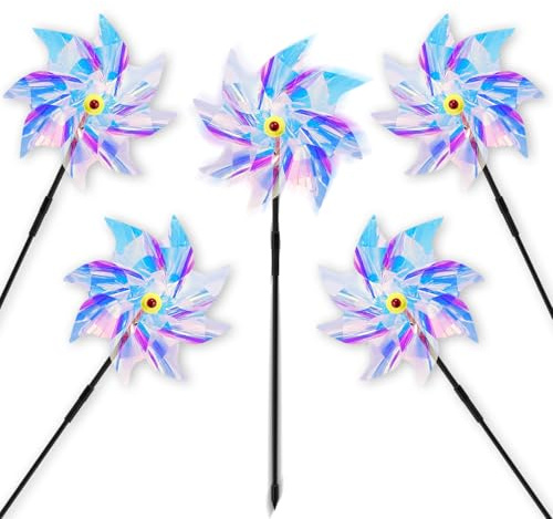 Reflective Bird Scarer Windmill,Windmills Scare Birds Pigeons Deterrent,Colorful Rainbow Pinwheel Wind Spinners for Protection of Garden Crops, Fruits, Flowers, Lawns (5Pcs) (5PCS-C)