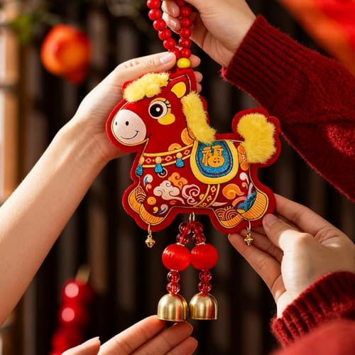 2026 Year of The Horse Pendant Decoration - Chinese New Year Decor, Red Horse Feng Shui Hanging Ornament with Bells & Tassel for Chinese New Years, Home, Car, Office Decor & Luck Gift