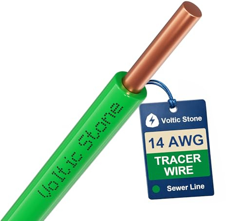 Voltic Stone 14 AWG Green Sewer Line Tracer Wire, True Gauge 100% Solid Copper Direct Burial Underground Locating Cable, 30/600V Rated, HDPE Jacket, Corrosion-Resistant for Drain & Septic Systems