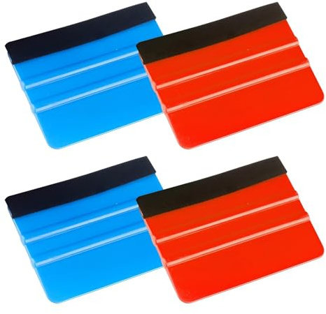 4Pcs Plastic Squeegee With Felt Edge, Felt Vinyl Wrap Tools Set, Decal Applicator Window Film Tools Straight Scraper, for Car Window Tint,Wallpaper Decal,Car Wrapping Installation(COLOR:Red+Blue)