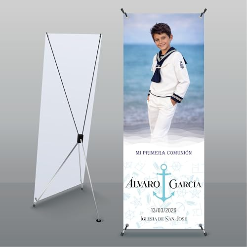 X-Banner Personalizado Comunión Temática Marinero, 60 x 160 cm, Con Estructura y Funda, Para Comuniones, Fiestas, Cumpleaños, Bodas
