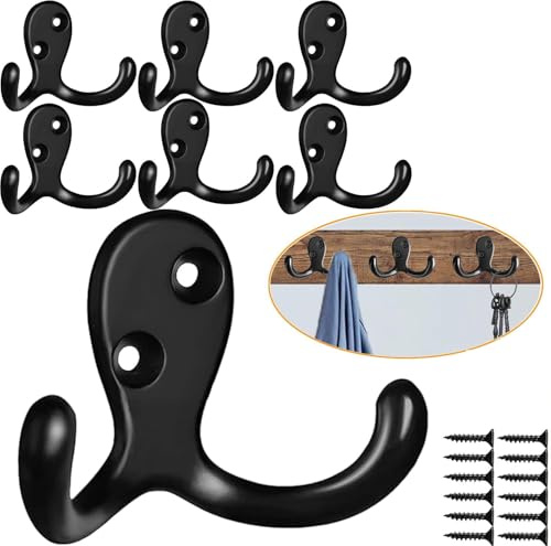 ASENTER Paquete de 6 ganchos dobles de metal, ganchos de pared con tornillos para colgar ropa, sombreros, toallas, llaves, utensilios de cocina, para sala de estar, dormitorio, baño, cocina (negro)