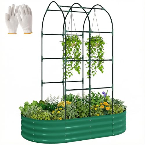 Outsunny Galvanised Raised Garden Bed with Arched Trellis, 5 x 3 x 6ft Metal Raised Bed for Garden with Open Bottom Design, Modular Outdoor Planter Box with Gloves for Vegetables Flowers, Green