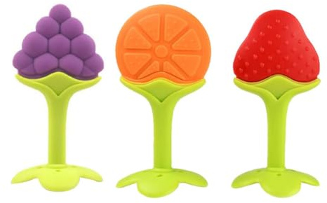 3 juguetes para la dentición del bebé, silicona suave con forma de fruta, mordedores de uva, fresa y naranja, juguete para aliviar el dolor de la dentición, gomas para masticar para niños pequeños y
