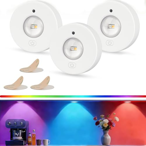 Vitrinenbeleuchtung Led - RGB Katzenaugen LED Spot Akku mit Touch und Fernbedienung, 9 Farben, Dimmbar Puck Lights, Unterbauleuchte Küche Led Strahler Akku, Vitrinenbeleuchtung, Schranklicht, 3 Pack