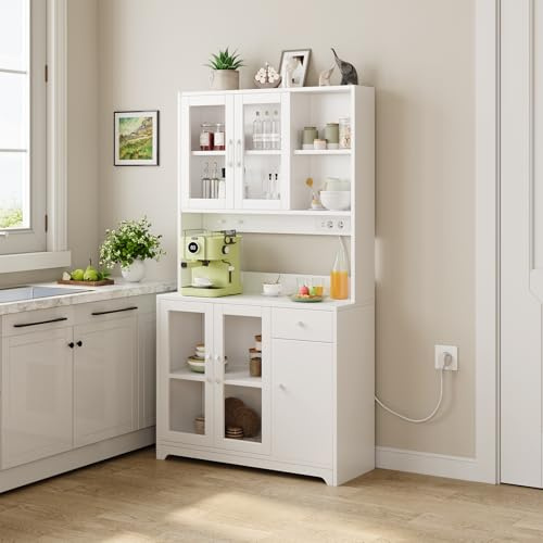 Dripex Küchenschrank mit Steckdosenleiste, Buffetschrank mit Arbeitsplatte, 2 AC + 2 USB, Acrylglastüren & Schublade, Hochschrank für Küche, Weiß, 183 × 100 × 37 cm