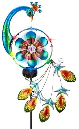 AZIDWERYQ Moulin à Vent Solaire, 31 Lampes solaires d'extérieur Multicolores imperméables avec Piquet, Moulin à Vent Rotatif en métal Paon pour Cour, Jardin, pelouse, Jardin