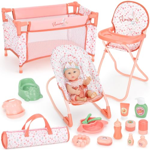 deAO 12 Baby Doll Playset Crib High Chair 18PCS Nursery Pretend Play Toy | Feeding Pretend Play Toddler Girl Toy Gift 3 4 5 6 Year