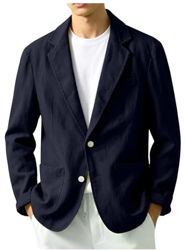 Genérico Chaqueta Lino Blazer Hombre Casual Americana Manga Larga Solapa Botones Bolsillos Color Sólido Holgado Talla Grande Ligero Transpirable Cómodo para Verano Uso Diario