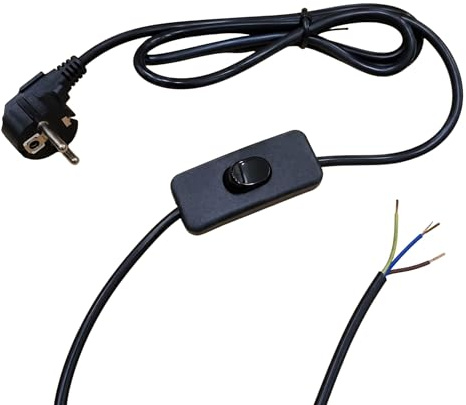 Anschlusskabel 1,5m Schwarz 3x0,75mm² mit Schutzkontakt Winkelstecker und Kippschalter 250V Zuleitung für Tisch und Stehleuchten