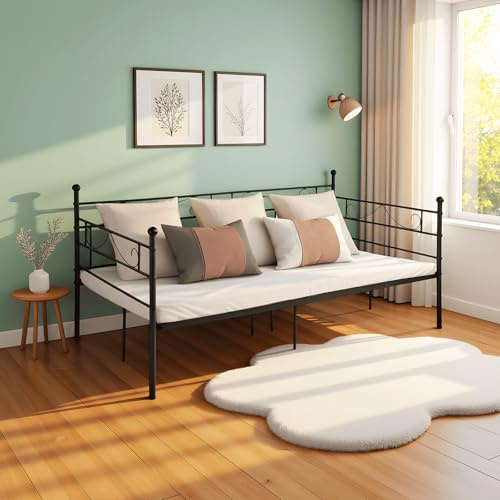 DORAFAIR Cama Metálica Diván Cama de día para Dormitorio Salón Cuarto de Invitados, Adecuado para Colchón de 90 * 190 cm, Negro