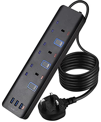 Extension Lead with USB Slots, 13A 3250W Surge Protected Extension Lead Power Strip with Switches, 3 way Extension Cord for Home, Office and Travel Black