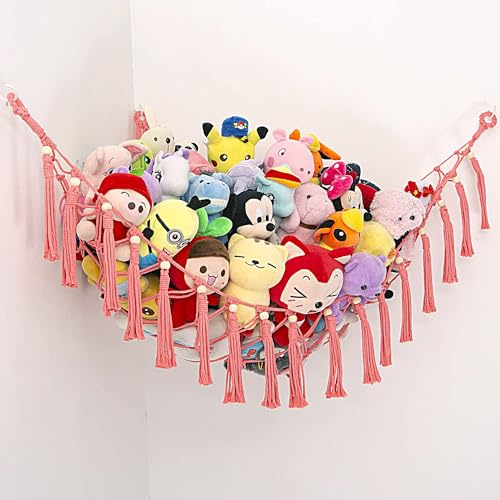 MAKEONEWO Stuffed Animal Toy Hammock Hanging-Handmade Large Pink Macrame Organizer Display Corner Plush Toys Net Holder for Boho Girl Nursery Playroom Bedroom Kids Room Storage, 1 Pack