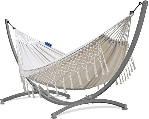 Potenza Outdoor Hängematte mit Gestell für 2 Personen I Baumwolle Doppelhängematte XXL 220x160, 200kg I Hängemattengestell 220kg, wetterfest (Santia - Ecru, Gestell Grau)