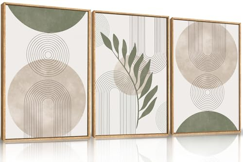 HPINUB Sage Green Framed Canvas Prints Wall Art Set, Abstract Botanical Boho Wall Decor, Minimalist Geometric Line Leaf Canvas Artwork for Living Room, Bedroom, Dining Room, Office, Bathroom -